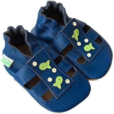 Hopi Hop kožené capáčky Barefoot Rybičky modré – Sleviste.cz