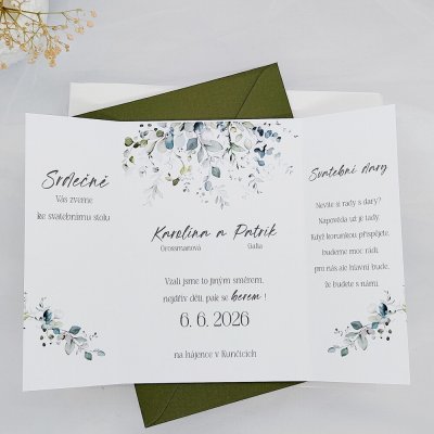 Svatební oznámení Eukalyptová bordura 1, rozkládací – Sleviste.cz