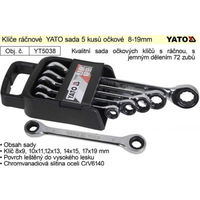 YATO Klíče ráčnové sada 5 kusů očkové 8-19mm