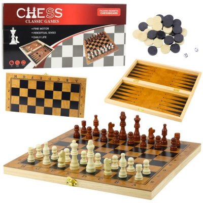 mamido Dřevěná logická hra 3v1 Šachy Dáma Backgammon – Zboží Živě