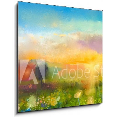 Obraz 1D - 50 x 50 cm - Oil painting flowers dandelion, cornflower, daisy in fields. Sunset meadow landscape with wildflower, hill and sky in orange and blue color bac – Zboží Mobilmania