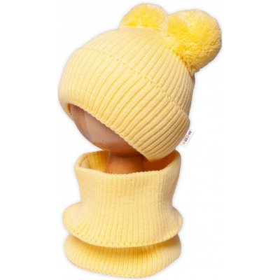 Baby Nellys Zimní pletená čepice nákrčník žlutá s bambulkami – Zboží Mobilmania