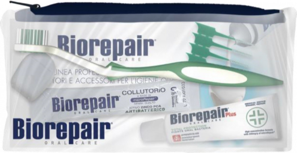 Biorepair Plus Total Protection zubní pasta pro ochranu před zubním kazem 15 ml + zubní kartáček 1 ks + ústní voda 12 ml + zubní nit 1 ks + ohebná párátka 5 ks + taštička dárková s