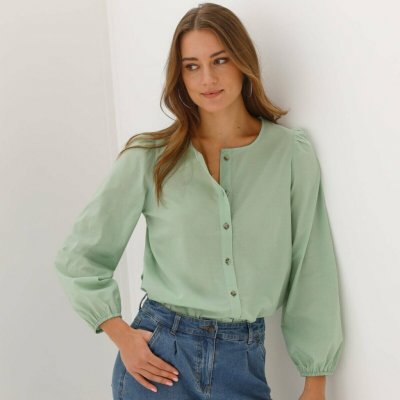 Jednobarevná halenka na knoflíčky s kulatým výstřihem zelená – Zboží Mobilmania