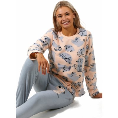 Růžové i šedé luxusní hřejivé dámské pyžamo grafity se psi a štěňaty 1Z1405 – Zboží Mobilmania