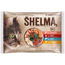 Shelma kočka s kuřecím hovězím lososem a treskou 4 x 85 g