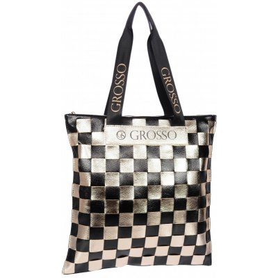 Grosso měkká shopper dámská kabelka s proplétaným šachovnicovým vzorem S688 Černo-zlatá – Zboží Mobilmania