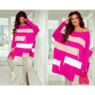 Fashionweek Luxusní volný pletený svetr jako pončo s bočními rozparky JK ZARA Růžovy neon – Zboží Mobilmania