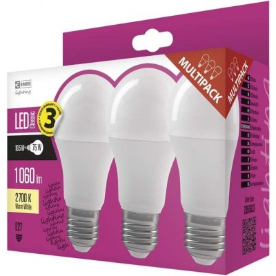 Emos LED žárovka Classic A60, 10,5W/75W E27, WW teplá bílá, 1060 lm, Classic A+, 3 PACK – Zboží Mobilmania