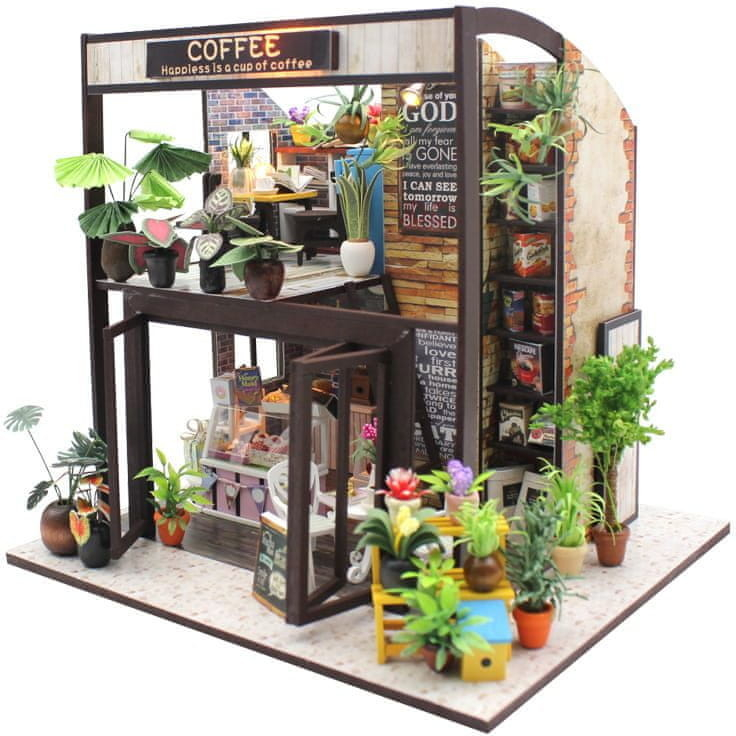 HABARRI Miniatura domečku DIY LED Model dřevěné kavárny