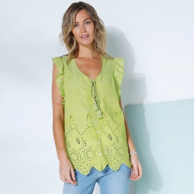 Madeirová halenka s výstřihem do V a bez rukávů anýzová – Zboží Dáma