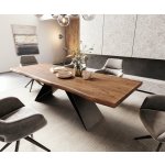 DELIFE Jídelní stůl Edge 260 x 100 akácie hnědá podnož ve tvaru V plochá ocel černá Live-Edge – Sleviste.cz