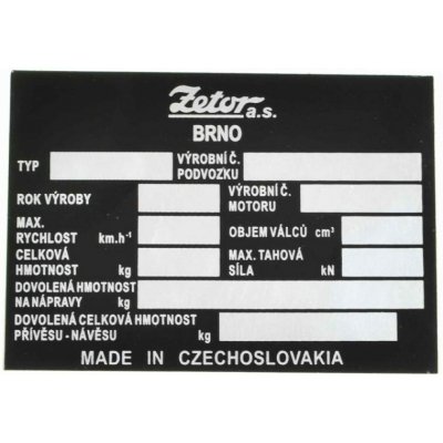 Výrobní štítek traktoru Zetor Czechoslovakia - český popis 975795, 975791 | Zboží Auto
