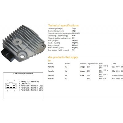 DZE regulátor napětí YAMAHA XV 125 VIRAGO 97-98; XV 250 VIRAGO 96-07; XV 250 V-STAR 08-15 (3DM-81960-00) | Zboží Auto