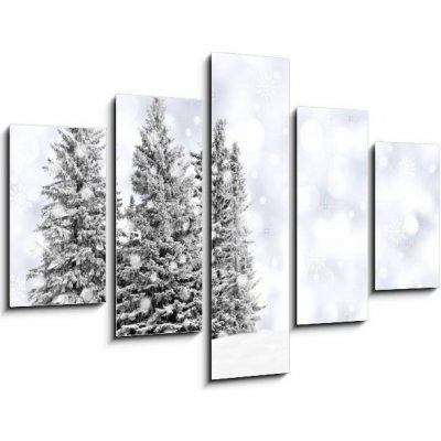 Obraz 5D pětidílný - 150 x 100 cm - Snowy trees with twinkling silver background and snowflakes Zasněžené stromy s blikajícím stříbrným pozadím a sněhové vločky – Zboží Mobilmania
