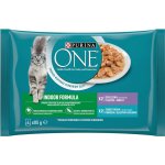Purina ONE Indoor minifiletky s tuňákem a zelenými fazolkami s telecím a mrkví ve šťávě 4 x 85 g – Zbozi.Blesk.cz