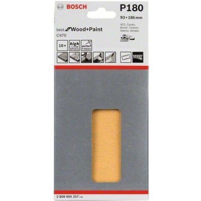 10x Brusný papír - brusivo pro vibrační brusky Bosch Best for Wood and Paint C470 93x186mm, hr. 180, 8 otvorů (2608605257) – Zboží Mobilmania