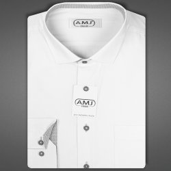 AMJ Pánská košile jednobarevná JDR018/34, bílá se světle šedými doplňky, dlouhý rukáv, regular fi