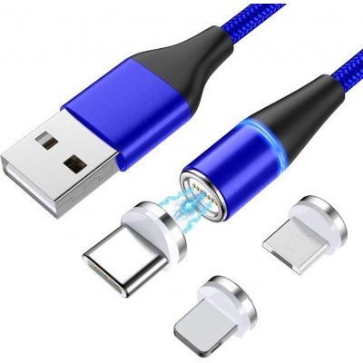 W-star MG3BL2 magnetický USB, 3v1, USBC, micro USB, lightning, 5A, Led, 2m, modrý – Zbozi.Blesk.cz