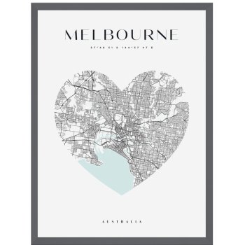 Plakát Mapa města Melbourne srdce 24X30 cm + rám z šedého kamene