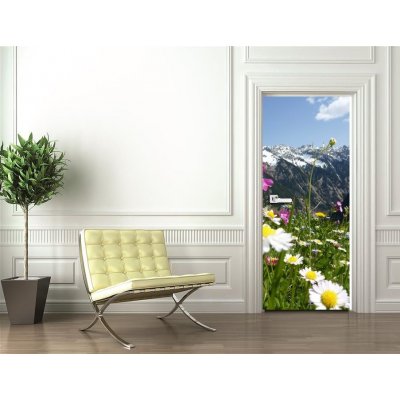 Weblux 31412665 Samolepka na dveře fólie Blumenwiese mit Gebirge im Hintergrund Květinová louka s horami v pozadí rozměry 90 x 220 cm – Zboží Mobilmania