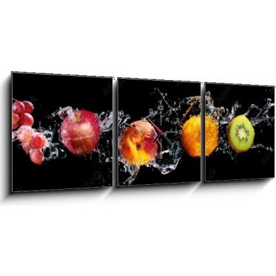 Obraz s hodinami 3D třídílný - 150 x 50 cm - Set of fresh fruits in water splash isolated on black background Sada čerstvého ovoce v stříkající vodě izolované na černém – Zbozi.Blesk.cz