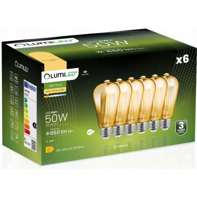 Lumiled 6x LED žárovka E27 ST64 EDISON 6W = 50W 660lm 2200K Teplá bílá 360° Filament