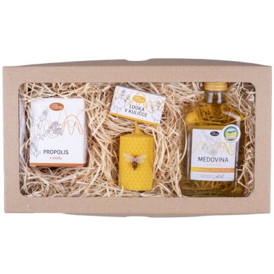 Pleva To nejlepší z našeho regionu Medovina z lipového medu 0,2 l, Propolis v medu 250 g, semínkové kuličky Louka v kuličce 1 balení6 ks, Svíčka ze včelího výška 6,7 cm a průměr 4 cm, Ozdobný – Zboží Dáma