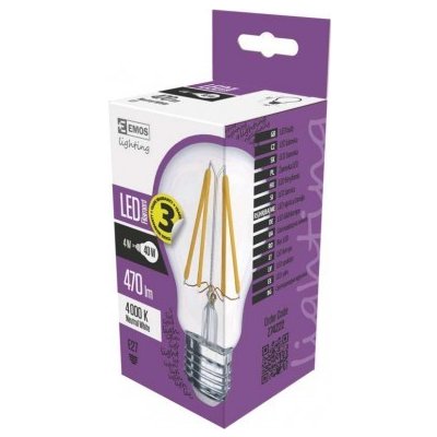 Emos LED žárovka Filament A60 4W 40W 470lm E27 NW Z74222 neutrální bílá – Hledejceny.cz