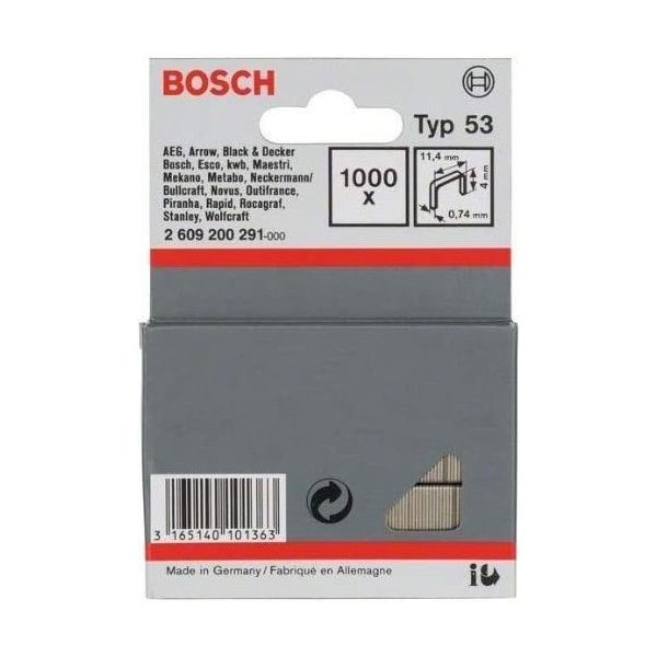 Nýt trhací Sponky do sponkovaček Bosch PTK 3,6 LI, HT 8, HT 14 a HMT 53 - 4x11.4x0.74mm, 1000ks, typ 53 (2609200291)
