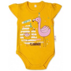 Baby Nellys Bavlněné kojenecké body kr. rukáv Flamingo hořčicové