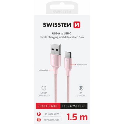 Swissten Datový Kabel Textile Ii USB / USB-C, 1.5m - růžová – Zboží Živě