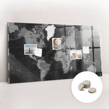 tulup Magnetická Tabule na Zeď Skleněná - Memo Board Kleněnou Přední Stranou - 5 magnetů v balení - 120 x 60 cm - Černá mapa světa