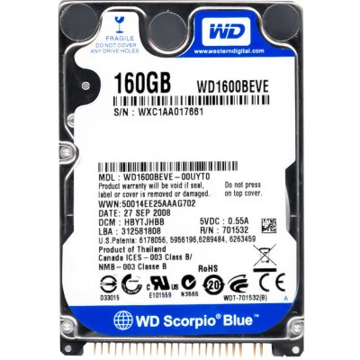 WD Scorpio Blue 160GB, 2,5", 8MB, 5400rpm, 12ms, WD1600BEVE