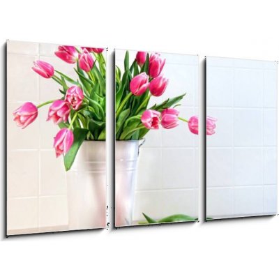 Obraz 3D třídílný - 90 x 50 cm - Pink tulips in white metal container Růžové tulipány v bílém kovovém kontejneru