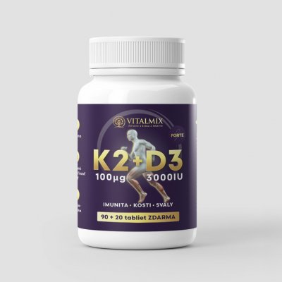 Vitalmix vitamin K2 100µg + D3 FORTE 3000IU 90+20 tabliet – Hledejceny.cz