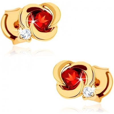 Šperky Eshop zlaté náušnice květ s hladkými okvětními lístky a kulatým červeným granátem S2GG88.03 – Zboží Mobilmania
