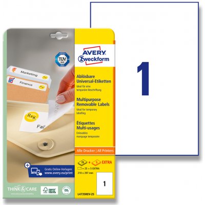 Avery Zweckform L4735REV-25 nepermanentní etikety 210,0 x 297,0 mm 30 etiket bílé – Hledejceny.cz