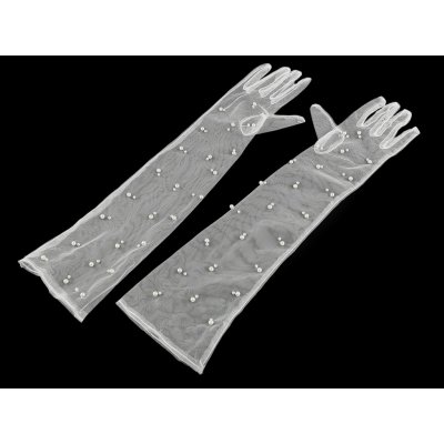 Dlouhé společenské rukavice tylové s perlami malé bílá – Zboží Dáma