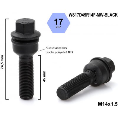 Kolový šroub M14x1,5x45 koule R14 pohyblivá, klíč 17, WS17D45R14F-MW-BLACK, výška 74,5 mm, černý – Zboží Mobilmania