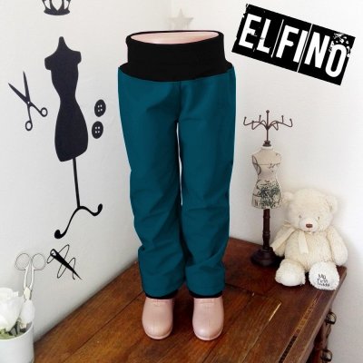 Dětské softshellové kalhoty bez kapes s fleecem petrolejové