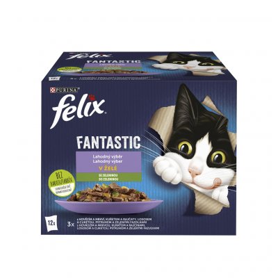 Felix Fantastic hovězí s mrkví kuře s rajčaty losos s cuketou pstruh se zelenými fazolkami v želé 12 x 85 g – Sleviste.cz