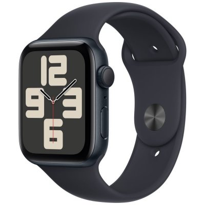 Apple Watch SE (2023) GPS 44mm černé Chytré hodinky, 44mm, snímač tepové frekvence, černé hliníkové pouzdro, černý sportovní řemínek S/M MRE73QC/A