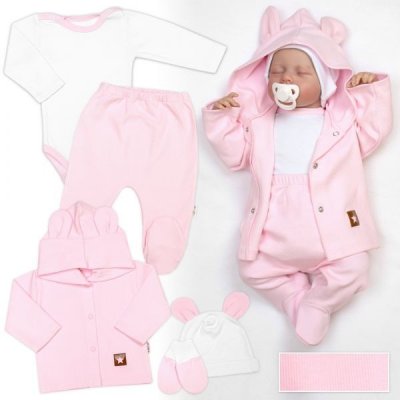 Baby Nellys Žebrovaná sada Star 5D body polodupačky kabátek, čepička rukavice růžová bílá – Zboží Dáma