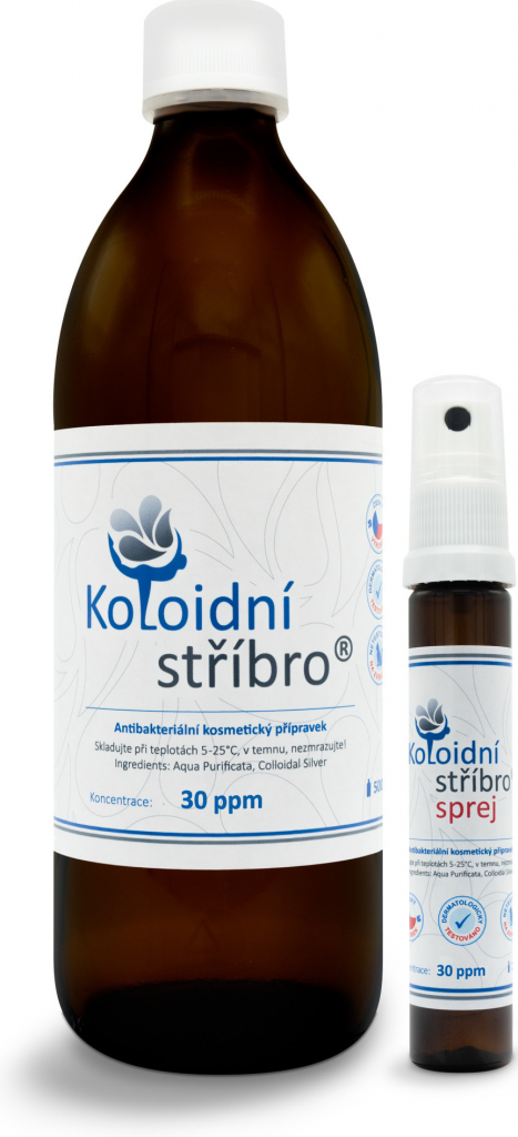 Koloidní stříbro s.r.o. Koloidní stříbro skleněné lahve 500 ml + 25 ml sprej 30 ppm dárková sada