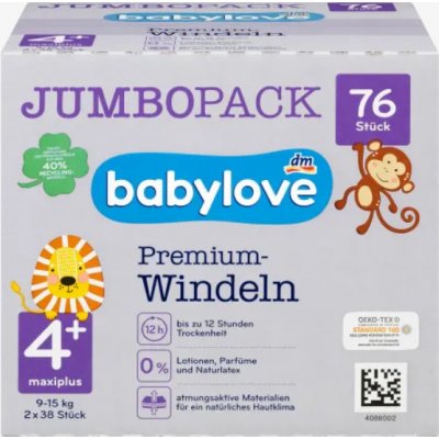 Babylove Premium aktiv plus 4+ maxiplus 9-20 kg Jumbo Pack 2 x 38 76 ks od  330 Kč - Heureka.cz