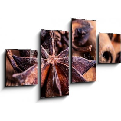 Obraz 4D čtyřdílný - 100 x 60 cm - close up of star anise on wooden plank, slective focus zblízka badyánu na dřevěné prkno, slective zaměření – Zbozi.Blesk.cz