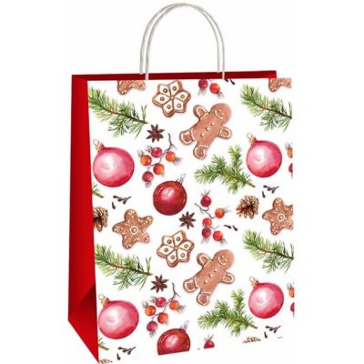 Ditipo Dárková papírová taška 22 x 10 x 29 cm Vánoční bílá ozdoby, perníčky, šišky, větvičky – Zboží Mobilmania