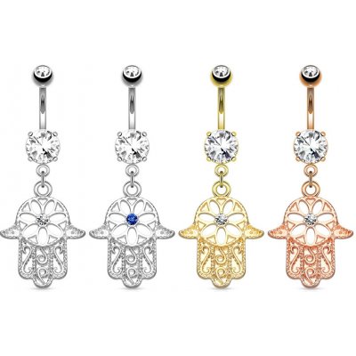 Šperky eshop ocelový piercing do bříška výraznější kulatý zirkon visící symbol Hamsa O12.15 strieborná modrá