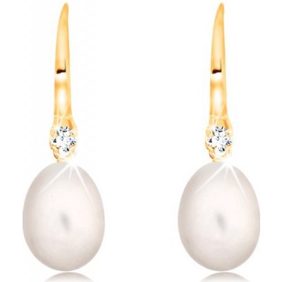 Šperky eshop ve žlutém zlatě bílá oválná perla a čirý zirkon na háčku GG16.25 – Zboží Mobilmania